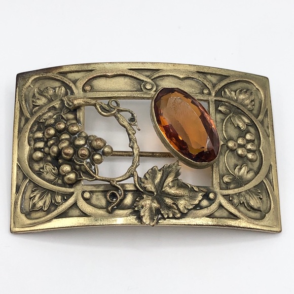 Antique Art Nouveau Glass Grape Vine Sash Pin Brooch - Picture 2 of 6